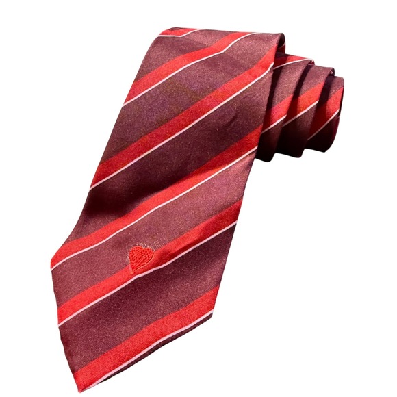Hooam Striped Necktie Heart Detail Burgundy Red Polyester Tie‎ - Picture 1 of 8